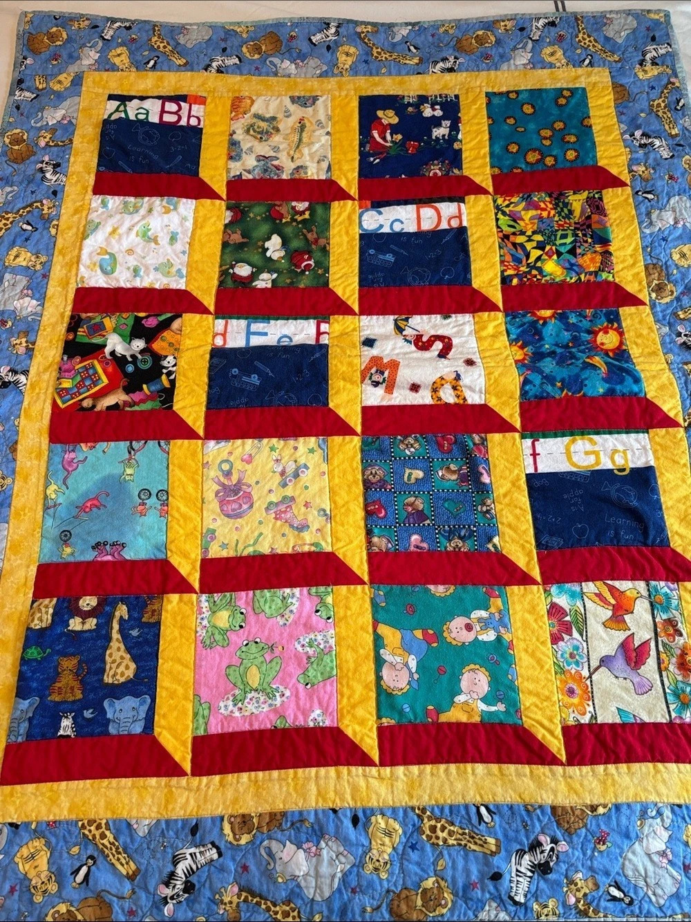 Baby Alphabet Animal Patchwork Quilt Blue & Yellow